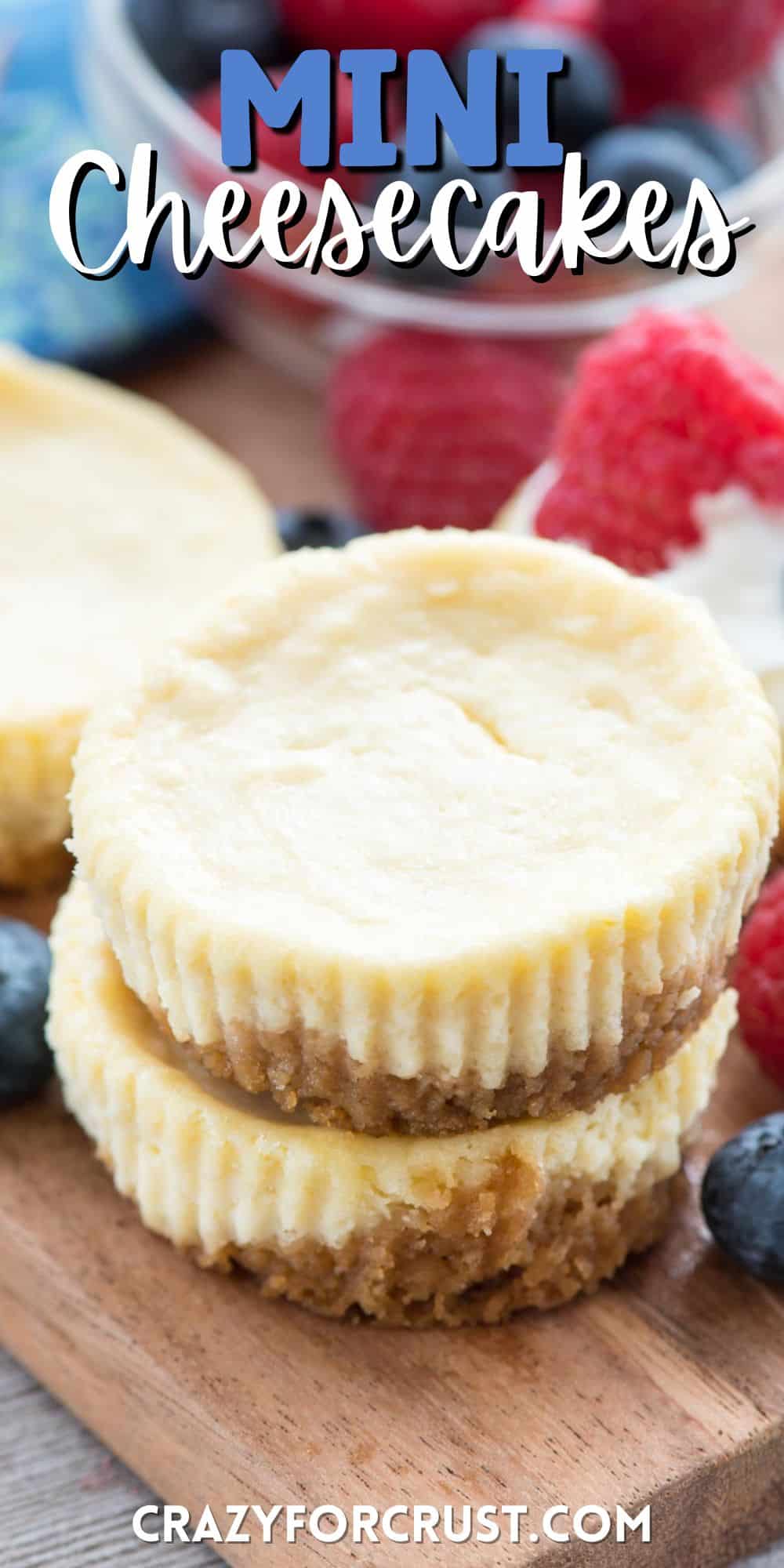 mini cheesecakes surrounded by blueberries and raspberries with words on the image