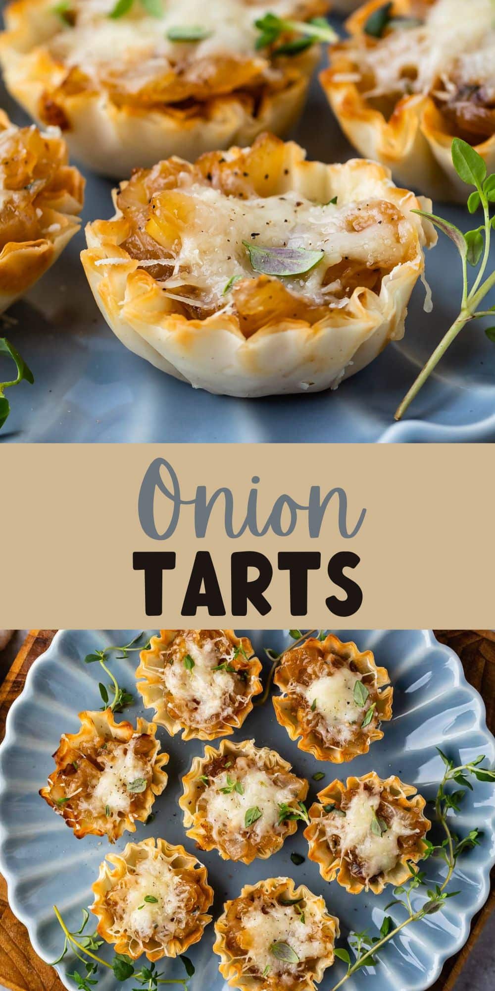 two photos of onion tart on a blue plate