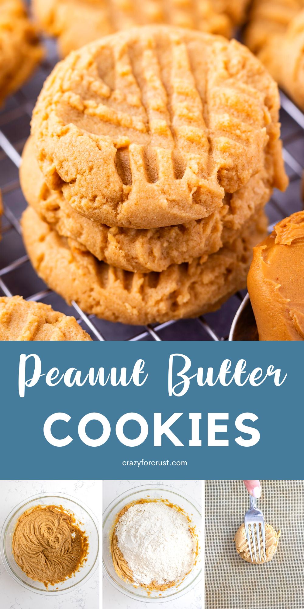 stack of 3 peanut butter cookies with 3 photos showing how to make them