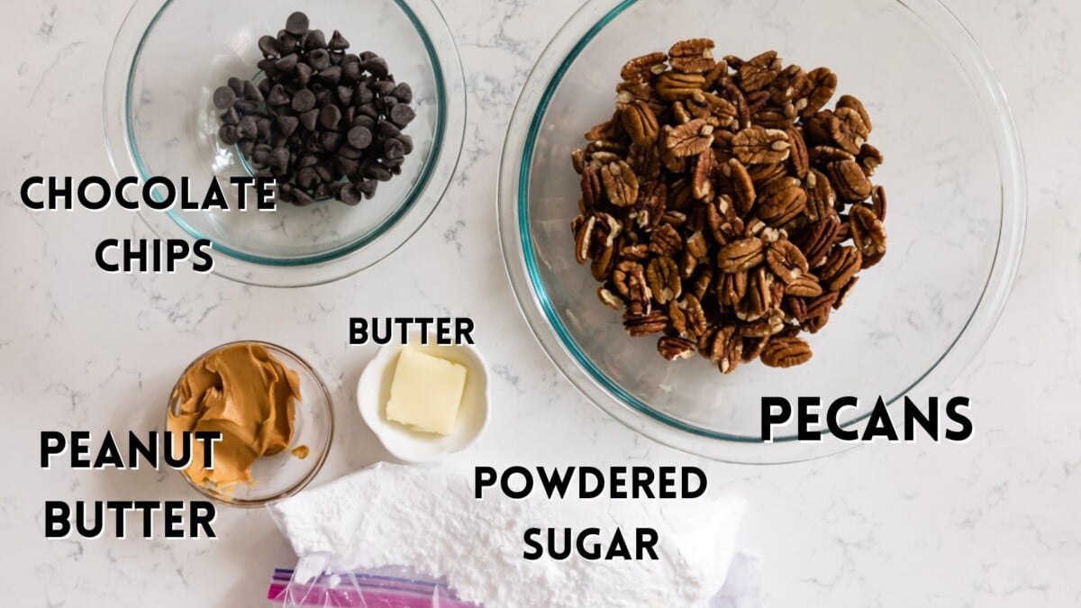 ingredients in muddy buddies laid out and labeled