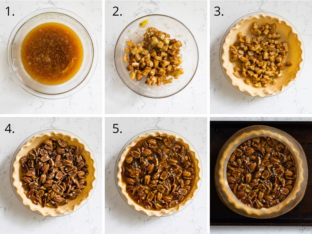 6 photos showing how to make pecan pie with apples