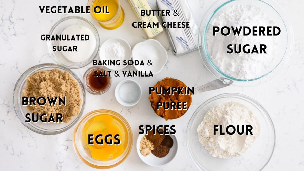 ingredients in the pumpkin cupcakes laid out and labeled