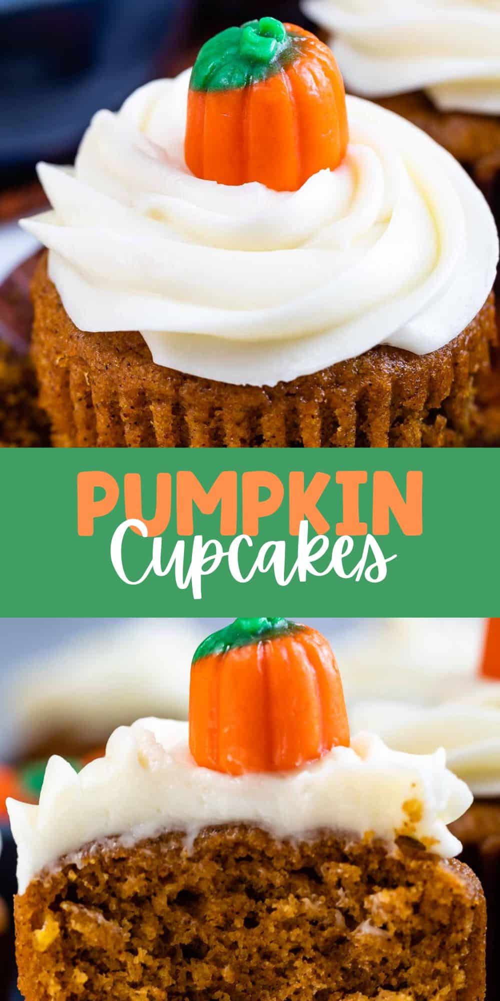 two photos of the pumpkin cupcakes topped with white frosting and a candy corn pumpkin