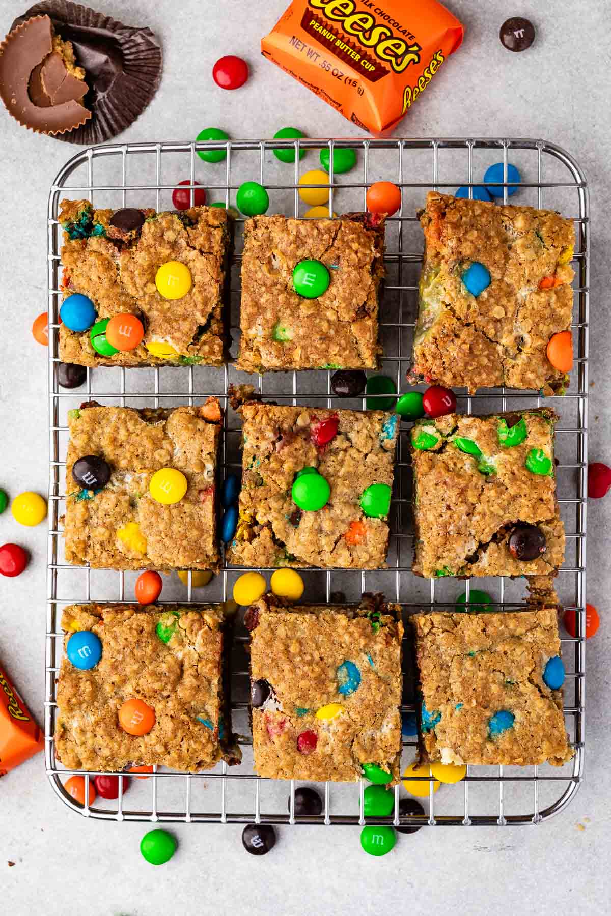 laid out gooey bars with M&Ms baked in