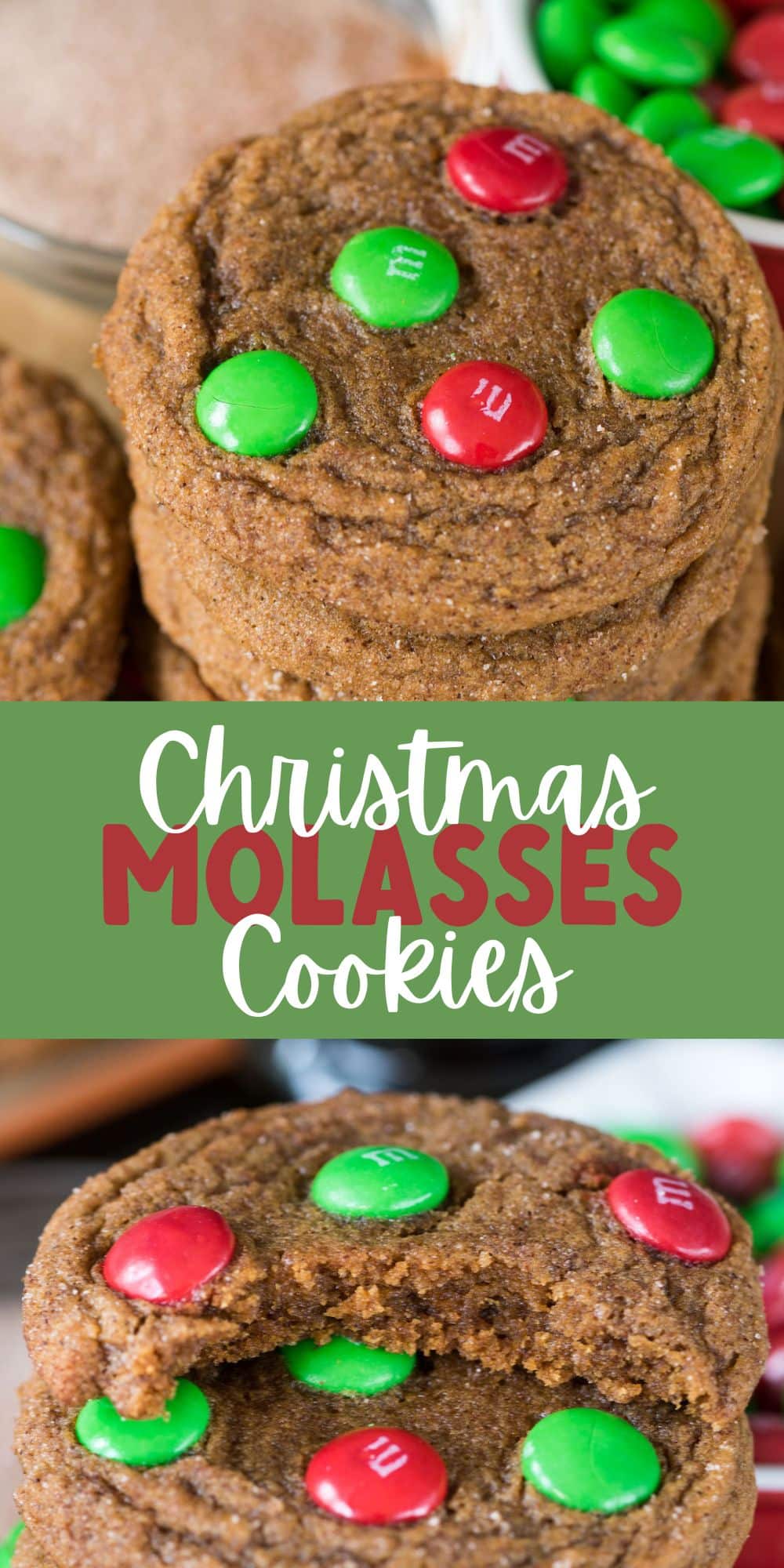 two photos of molasses cookies with green and red m&ms baked in and words in the middle