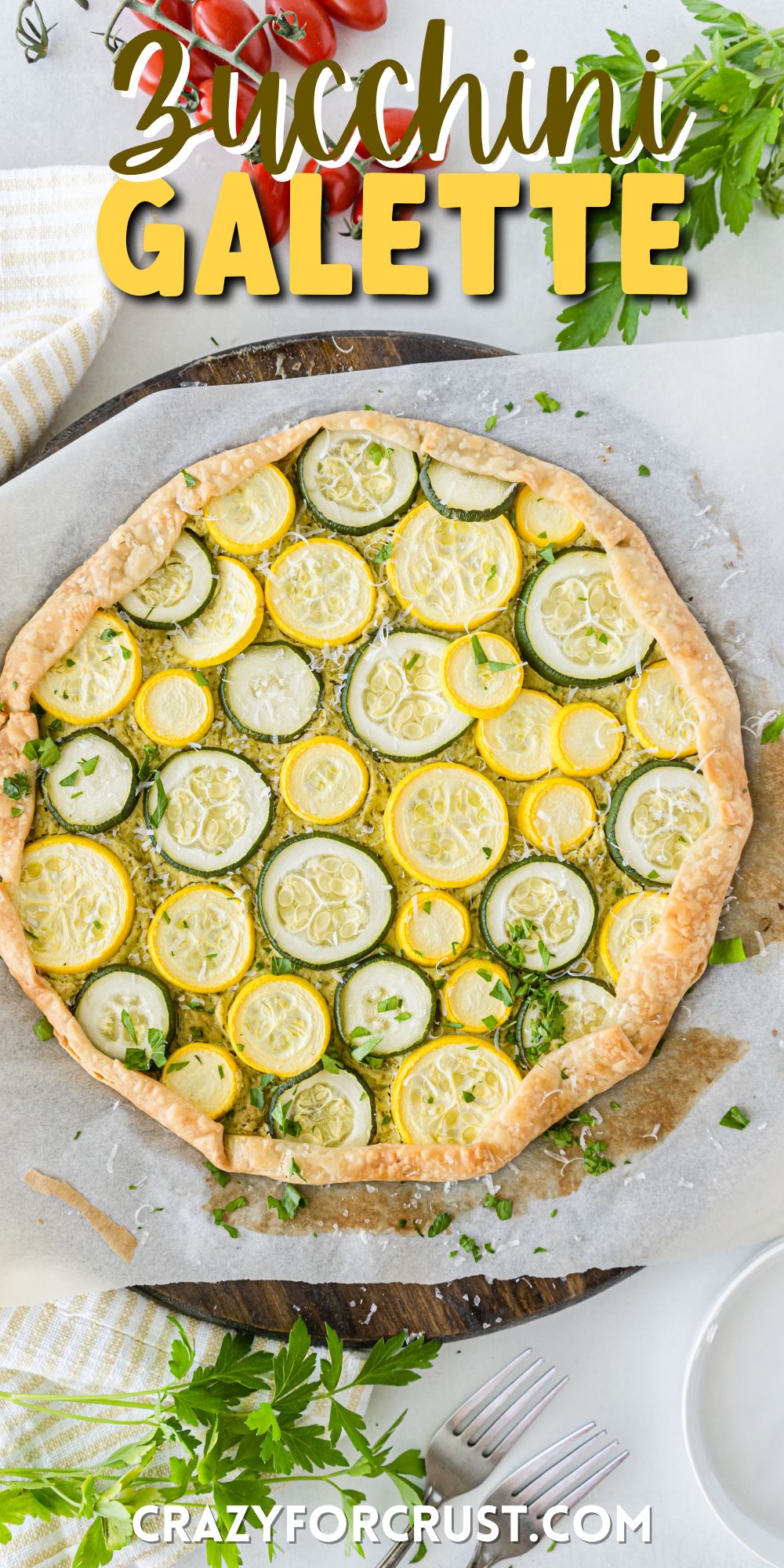 circular shaped pizza with squash as topping with words on top