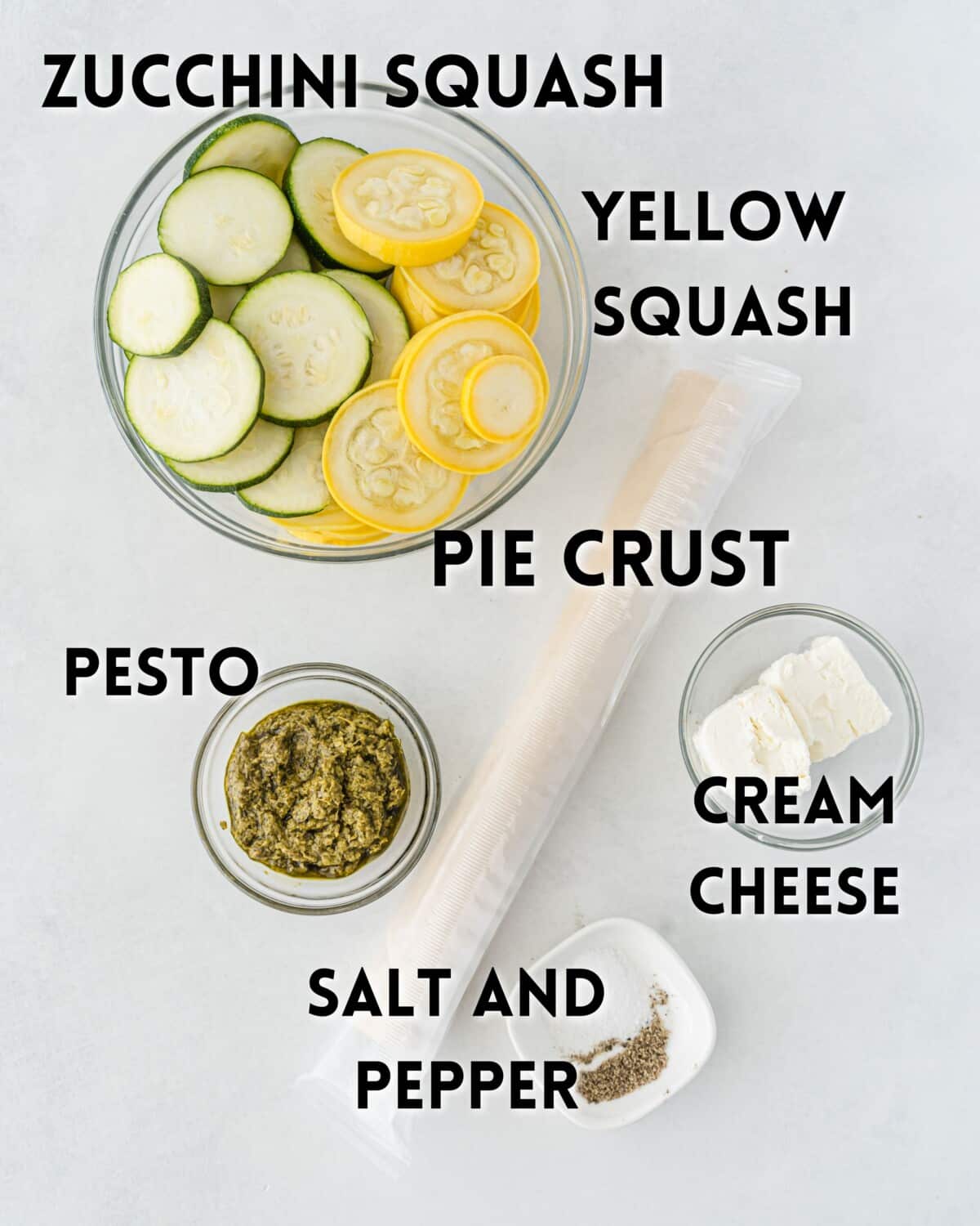 ingredients in zucchini galette laid out and labeled