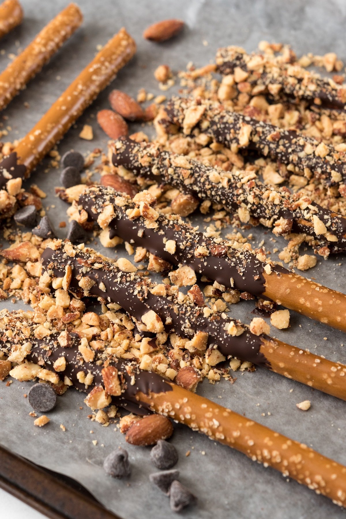 pretzel sticks dipped in chocolate and almonds