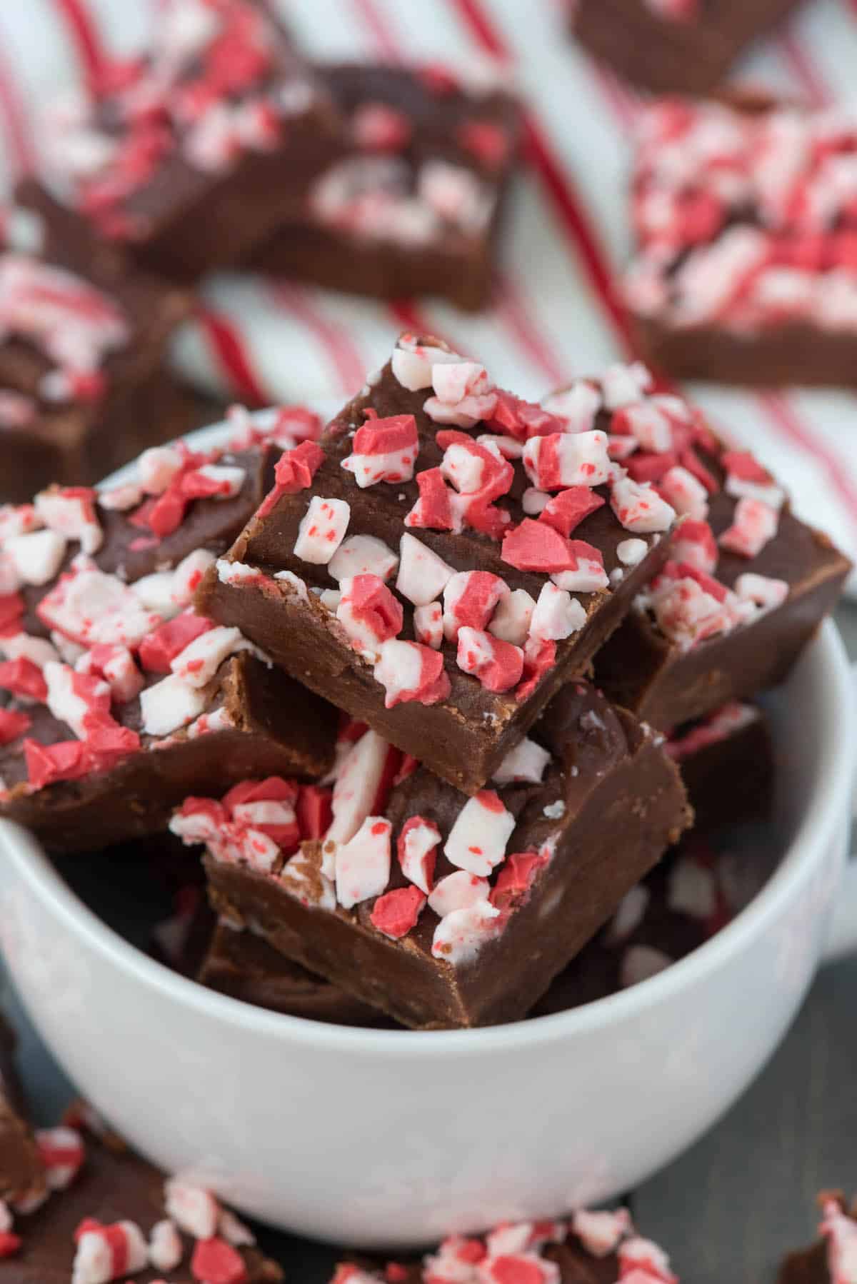 chocolate fudge with peppermint crushed on top in a white bowl