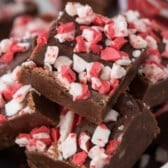 chocolate fudge with peppermint crushed on top in a white bowl