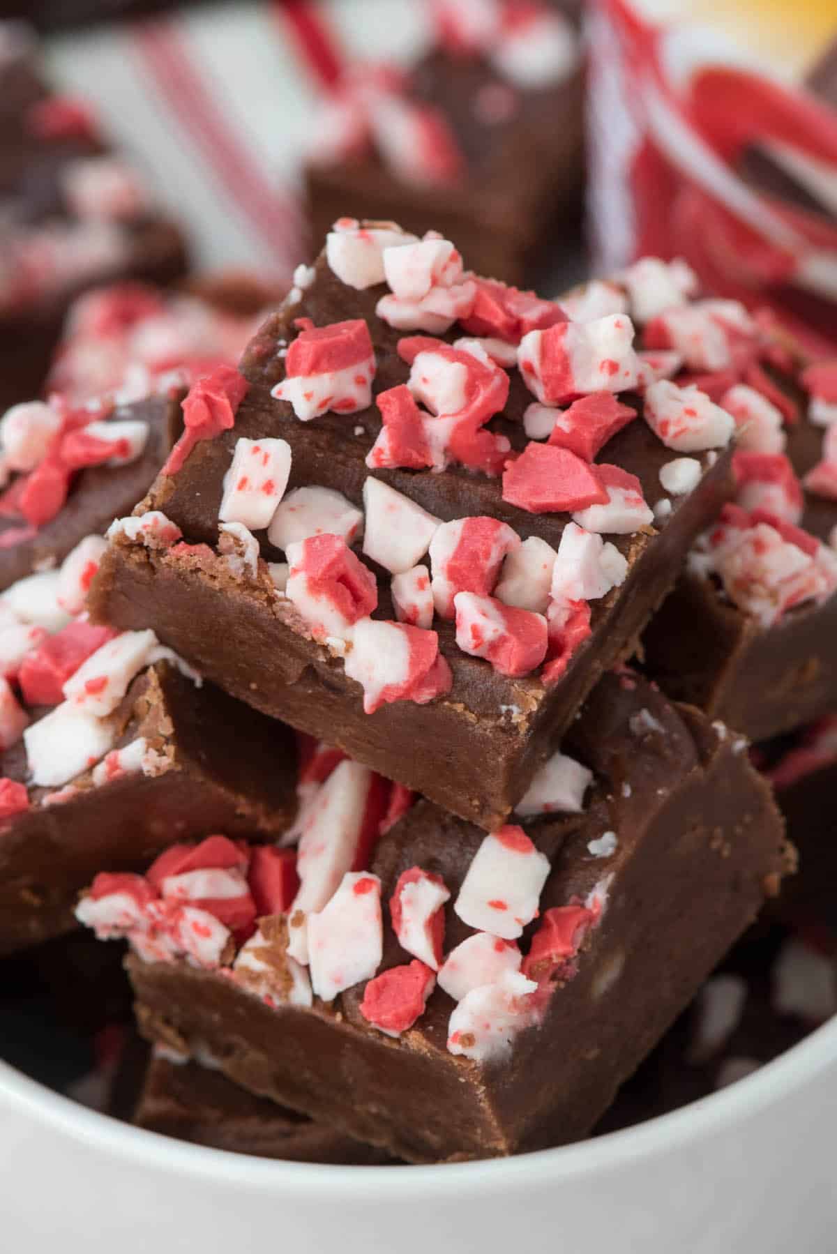 chocolate fudge with peppermint crushed on top in a white bowl