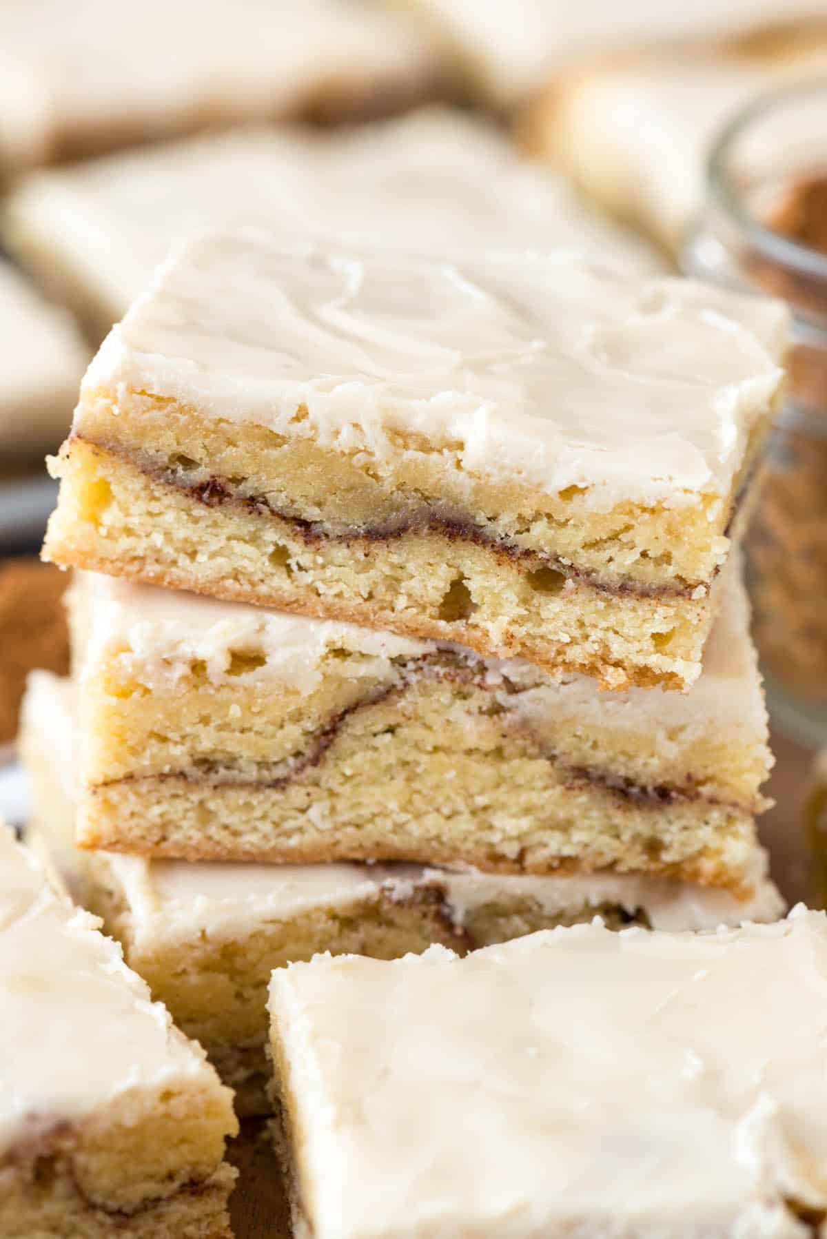 snickerdoodle bars stacked on a cutting board
