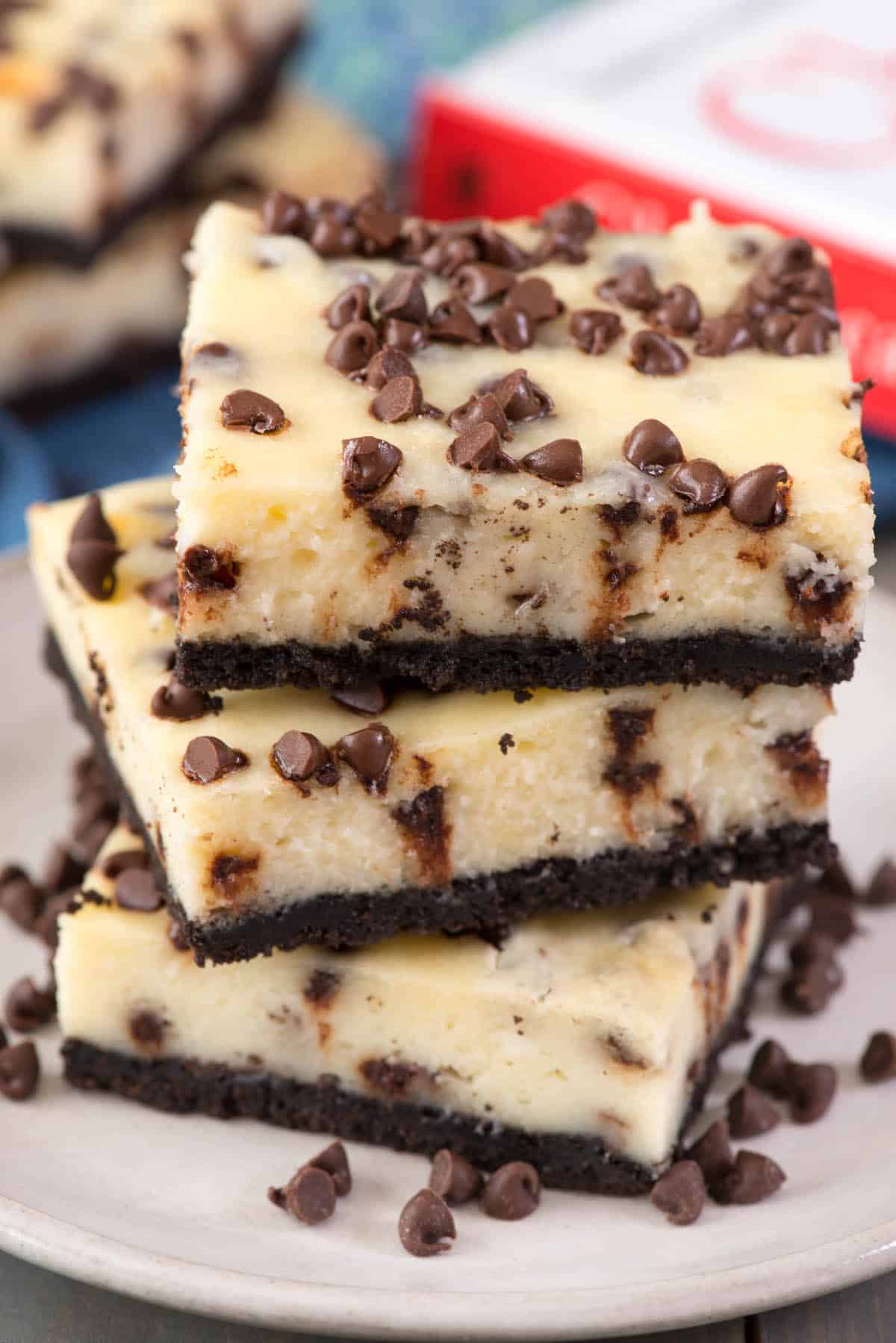 stack of 3 cheesecake bars with chocolate chips