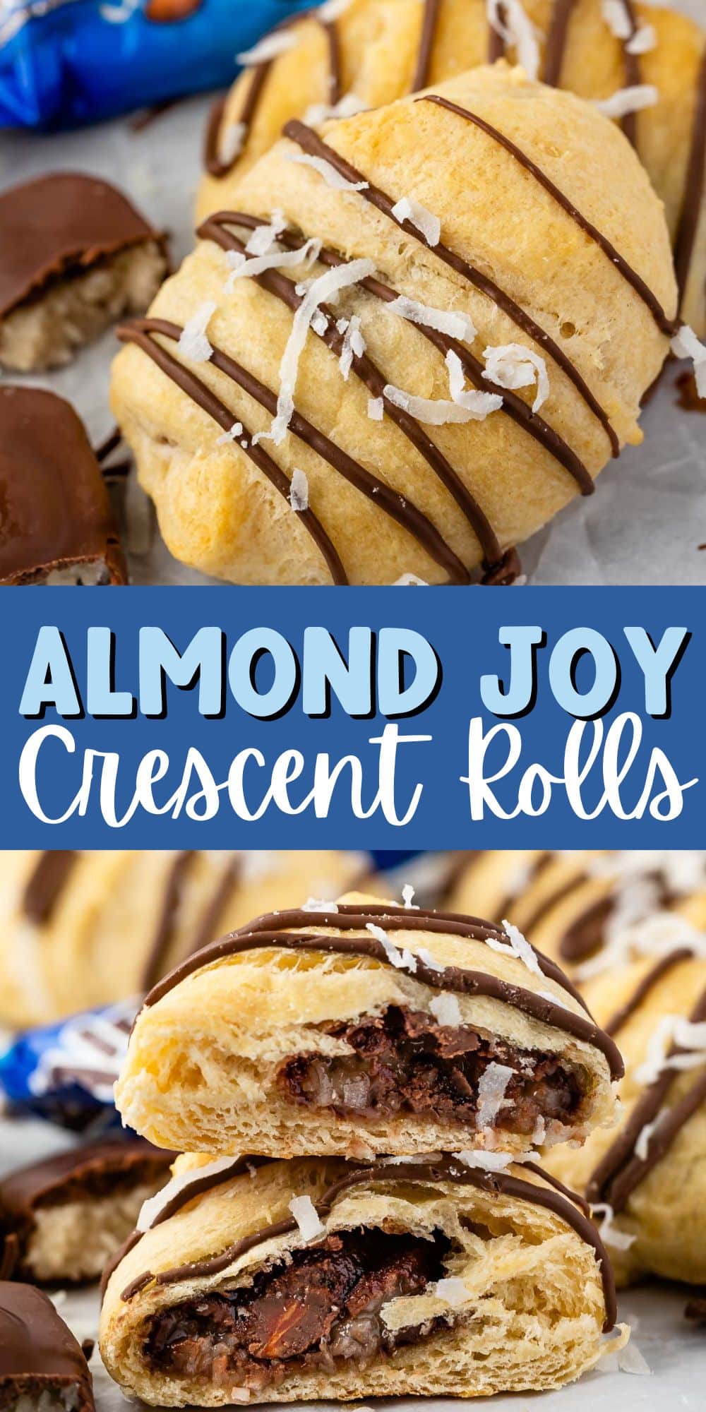 two photos of crescent rolls with chocolate drizzled on top and with words in the middle