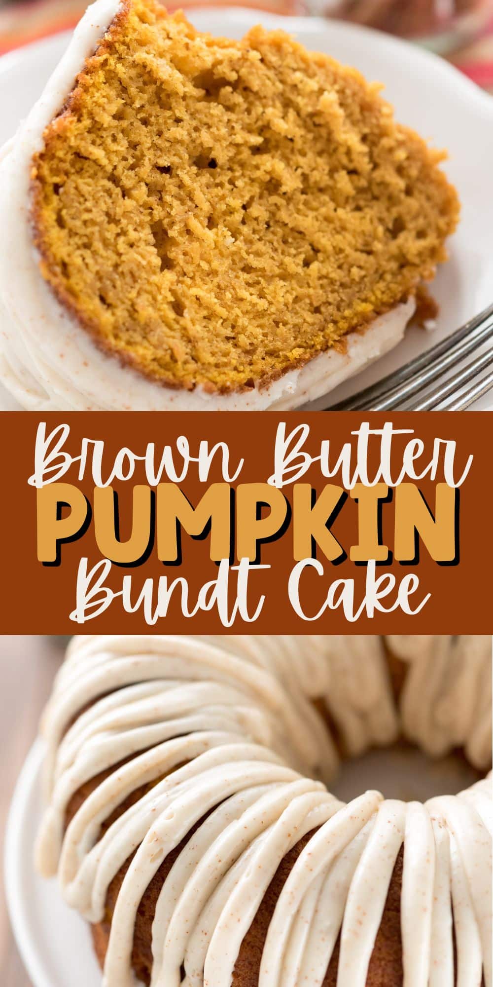 two photos of pumpkin bundt cake with frosting on top in a white platter