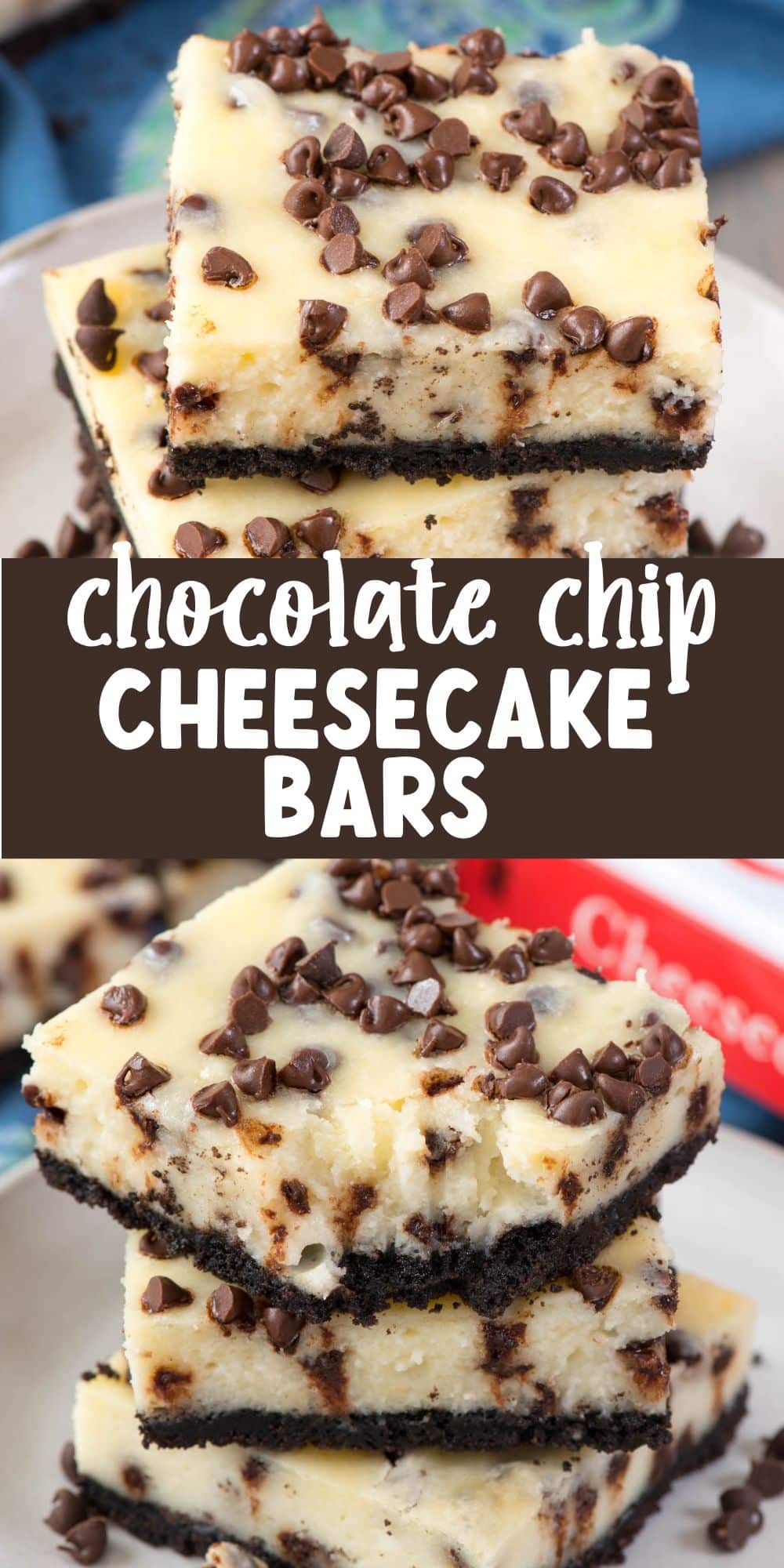 collage of 2 photos of a stack of 3 cheesecake bars
