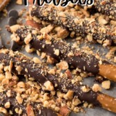 pretzel sticks dipped in chocolate and almonds with words on top