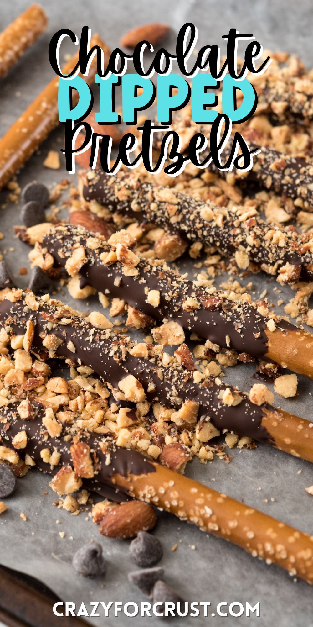 pretzel sticks dipped in chocolate and almonds with words on top