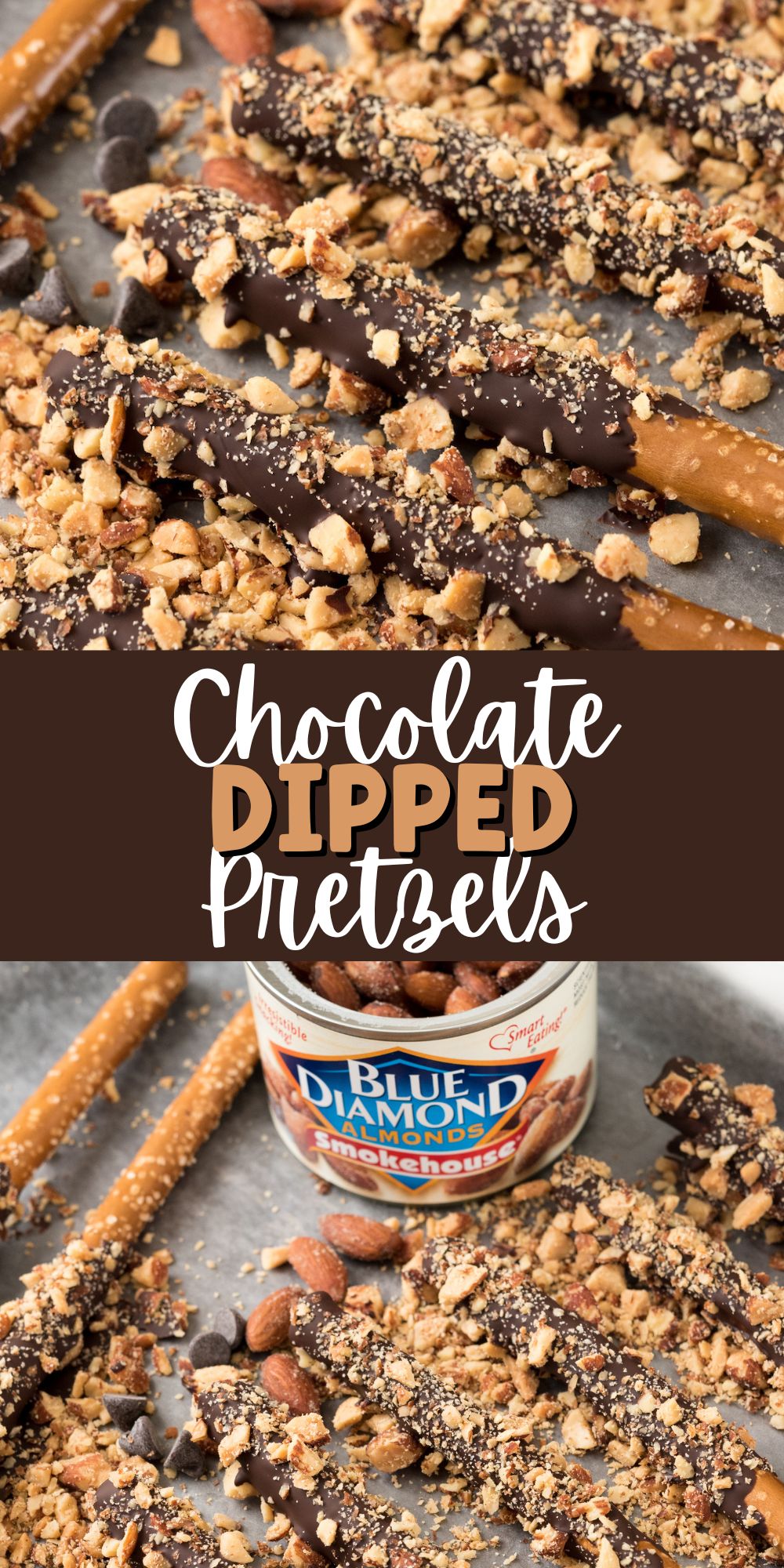 two photos of pretzel sticks dipped in chocolate and almonds with words in the middle