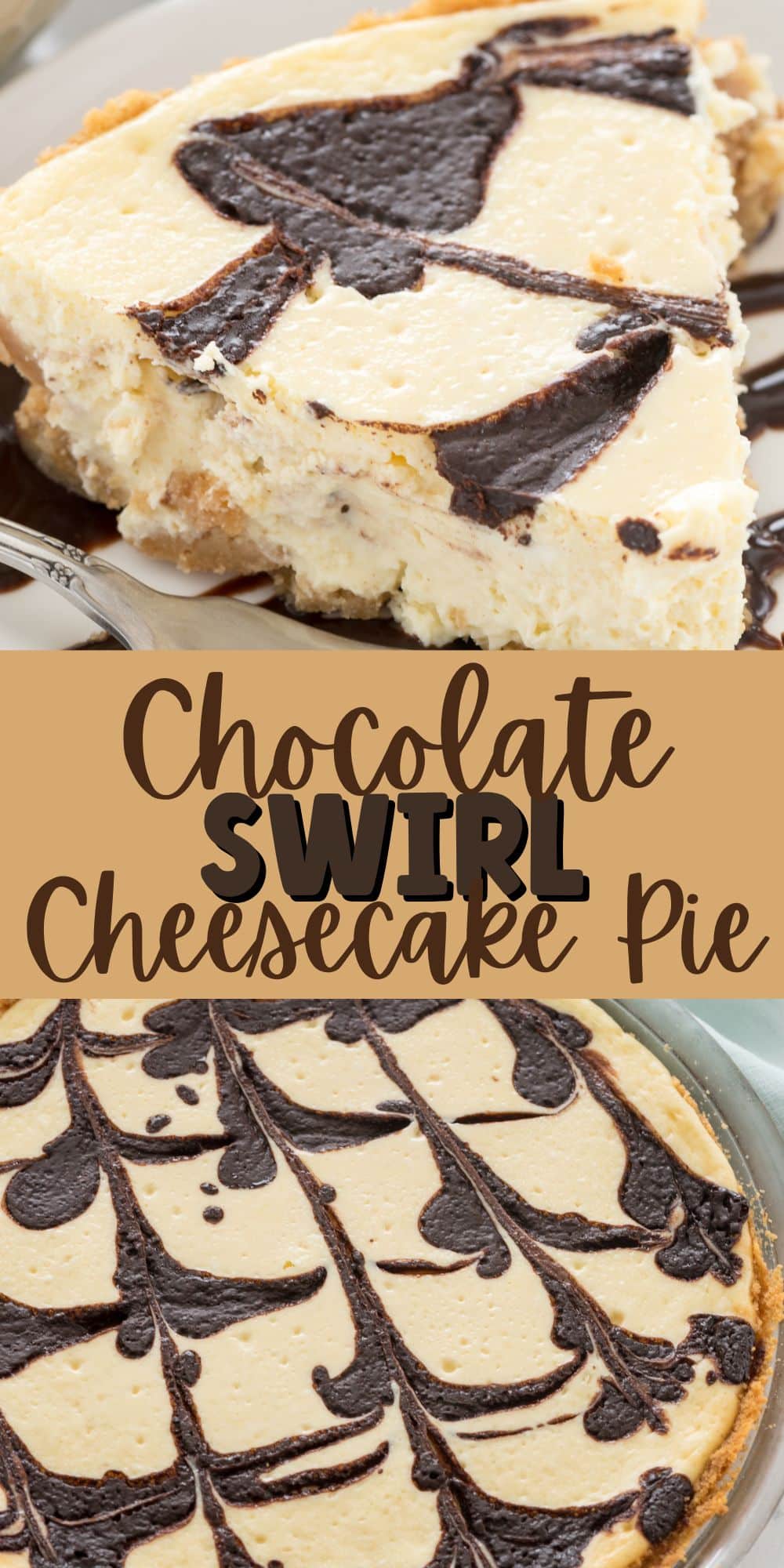 two photos of swirl cheesecake pie with words in the middle