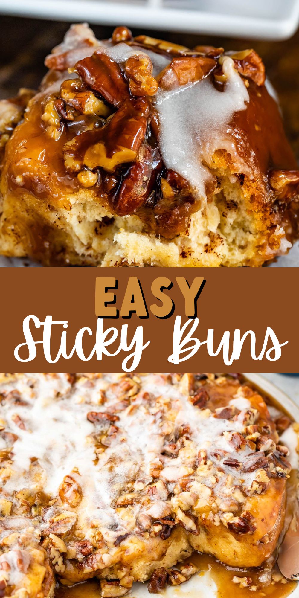 two photos of sticky buns baked together on a white plate