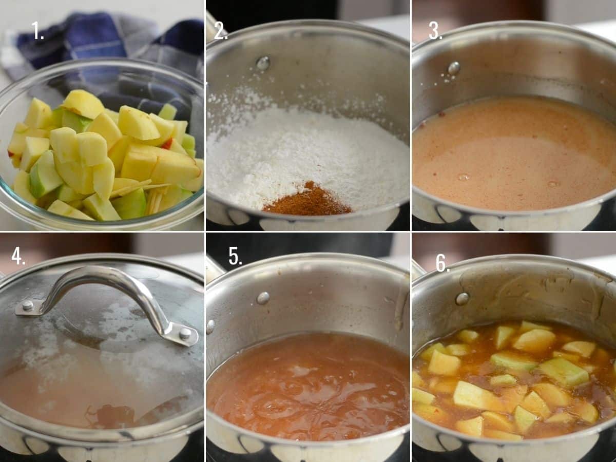 6 photos showing how to make apple pie filling
