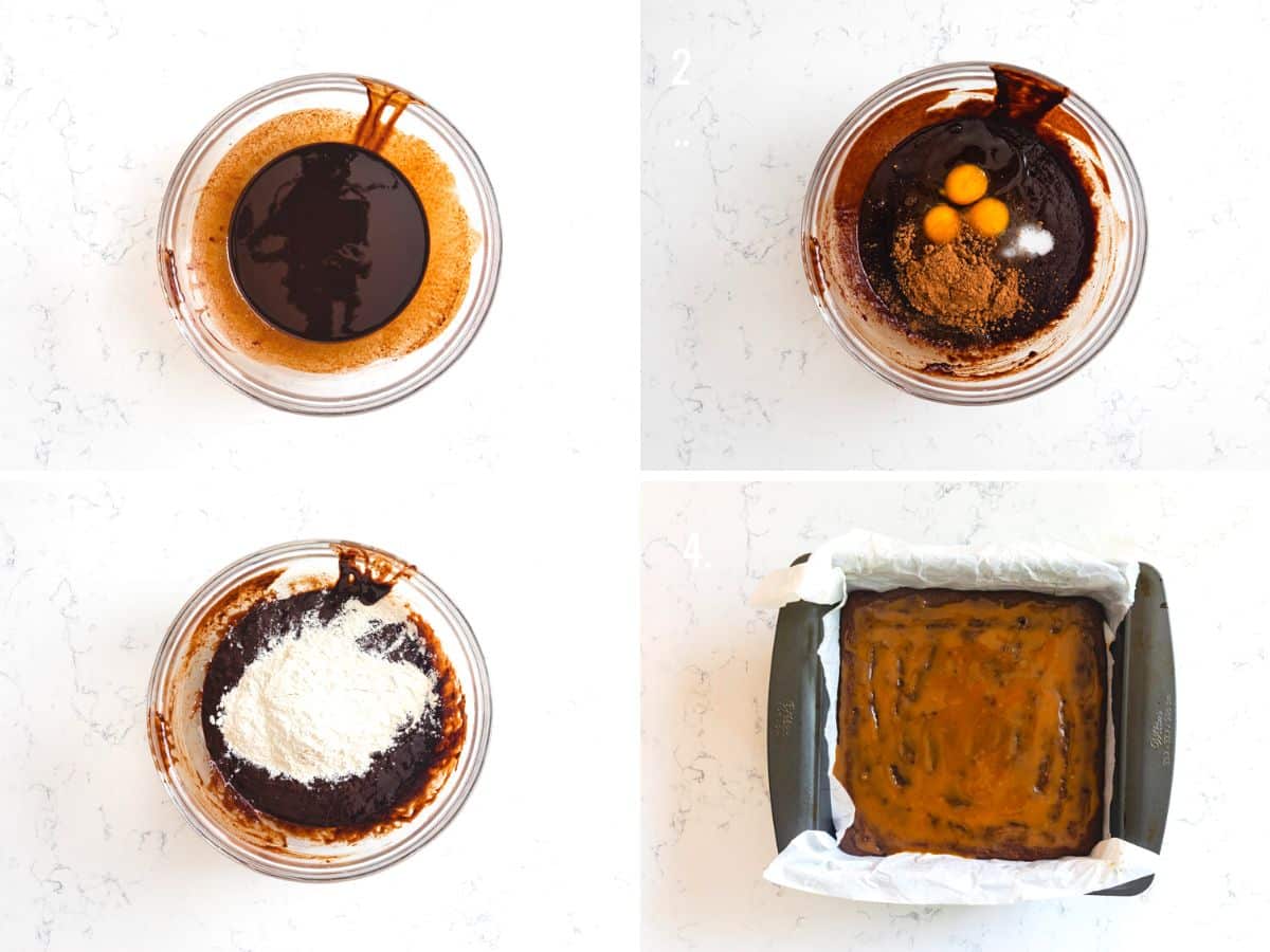 4 photos showing how to make caramel brownies