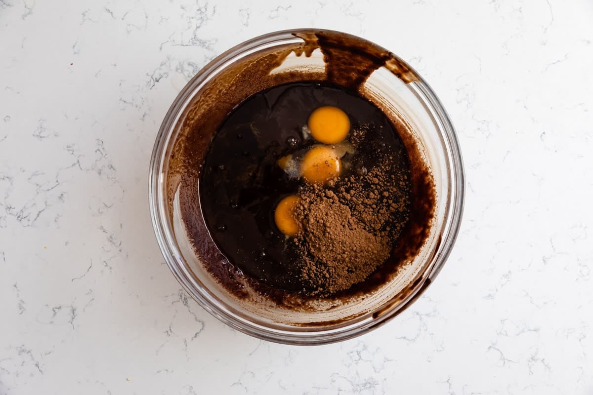 bowl of chocolate melted with eggs and cocoa.