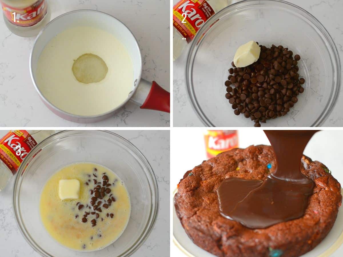 4 images showing how to make pourable frosting for brownie cake