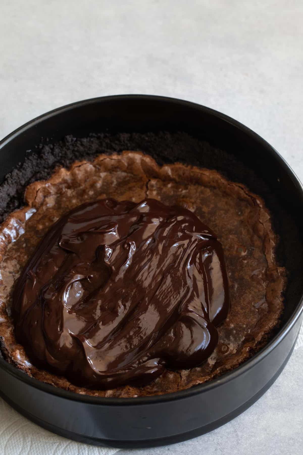 ganache on baked cake in springform pan.