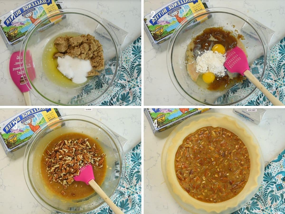 4 grid showing how to make pecan pie