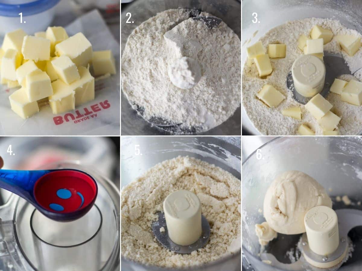 6 photos showing how to make pie crust in a food processor