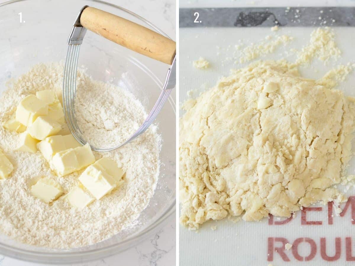 bowl with flour butter and pastry cutter on left and pie dough on right
