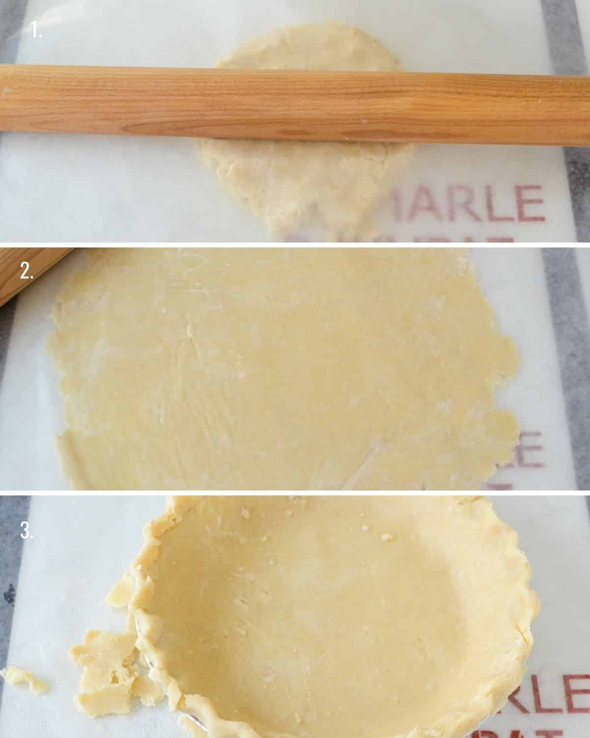 3 photos showing dough between wax paper, rolled out dough and pie crust in pie plate