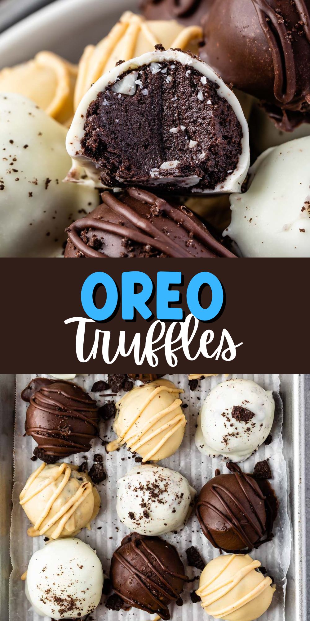 two photos of oreo truffles in a bowl and laid out with words in the middle