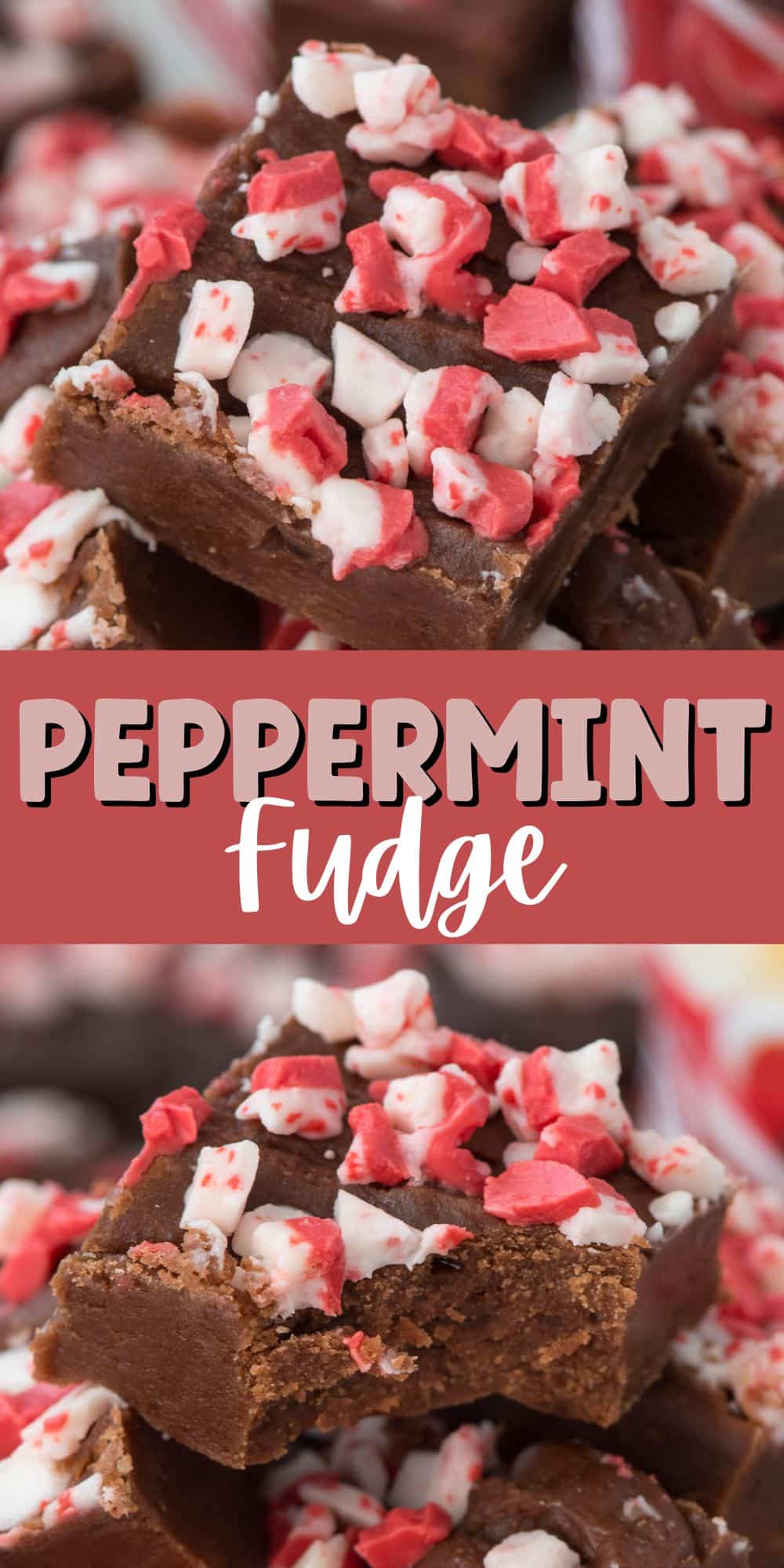 two photos of chocolate fudge with peppermint crushed on top in a white bowl