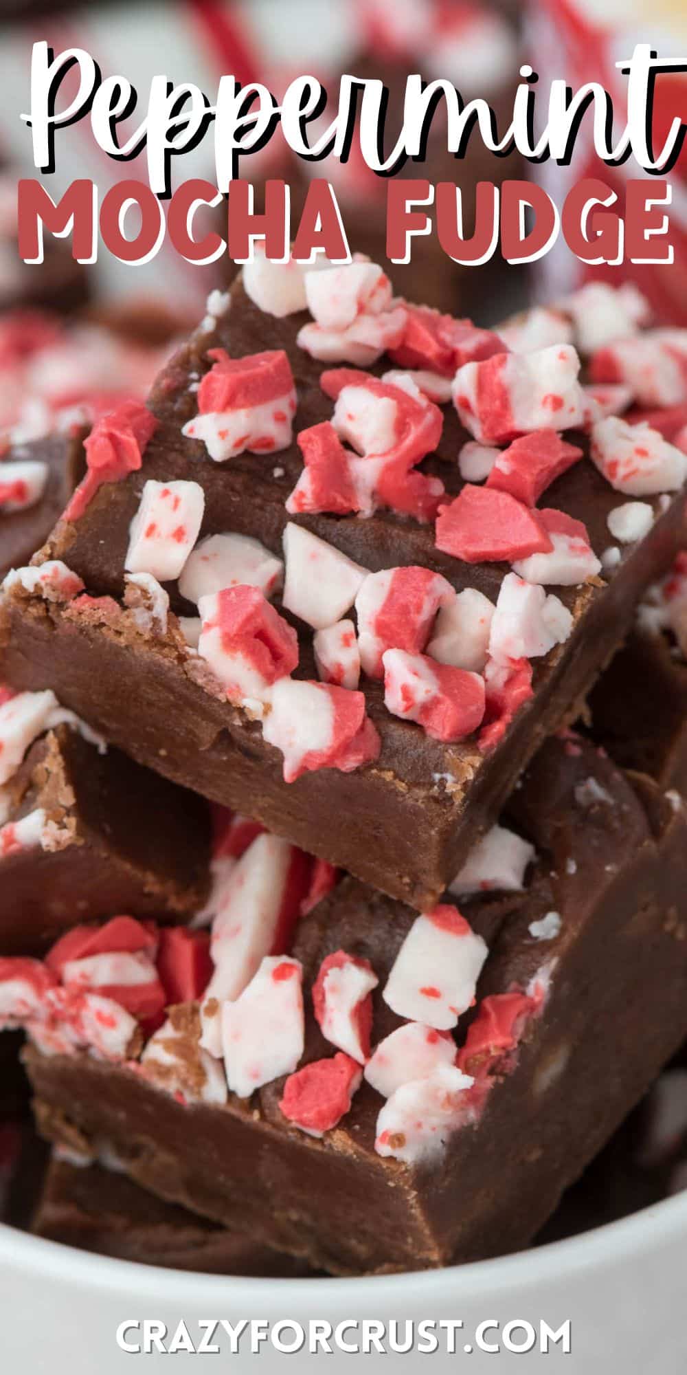 chocolate fudge with peppermint crushed on top in a white bowl with words on top