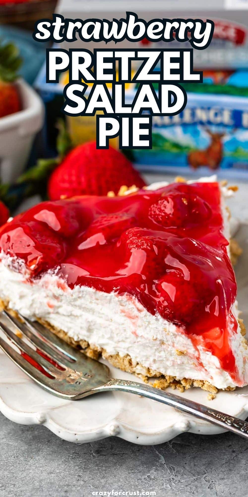 slice of pie on white plate with words on photo.