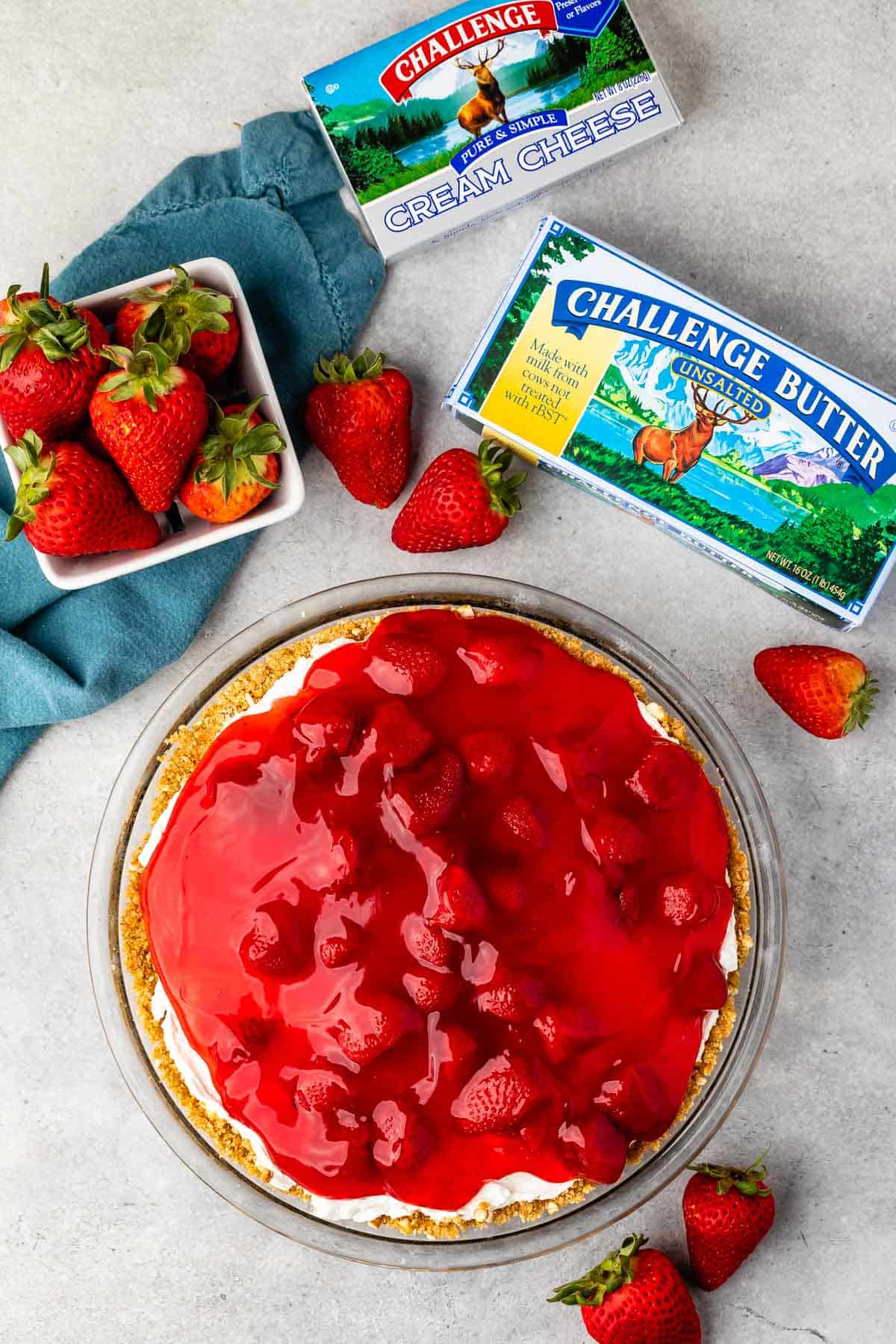 overhead shot of pie with strawberry pie filing on top and challenge box.