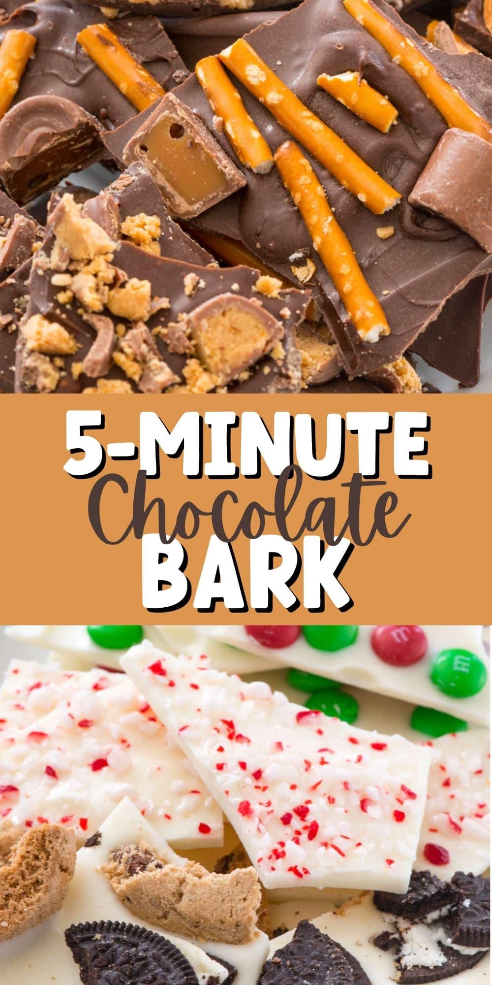 two photos of chocolate bark with different things mixed in with it and words in the middle