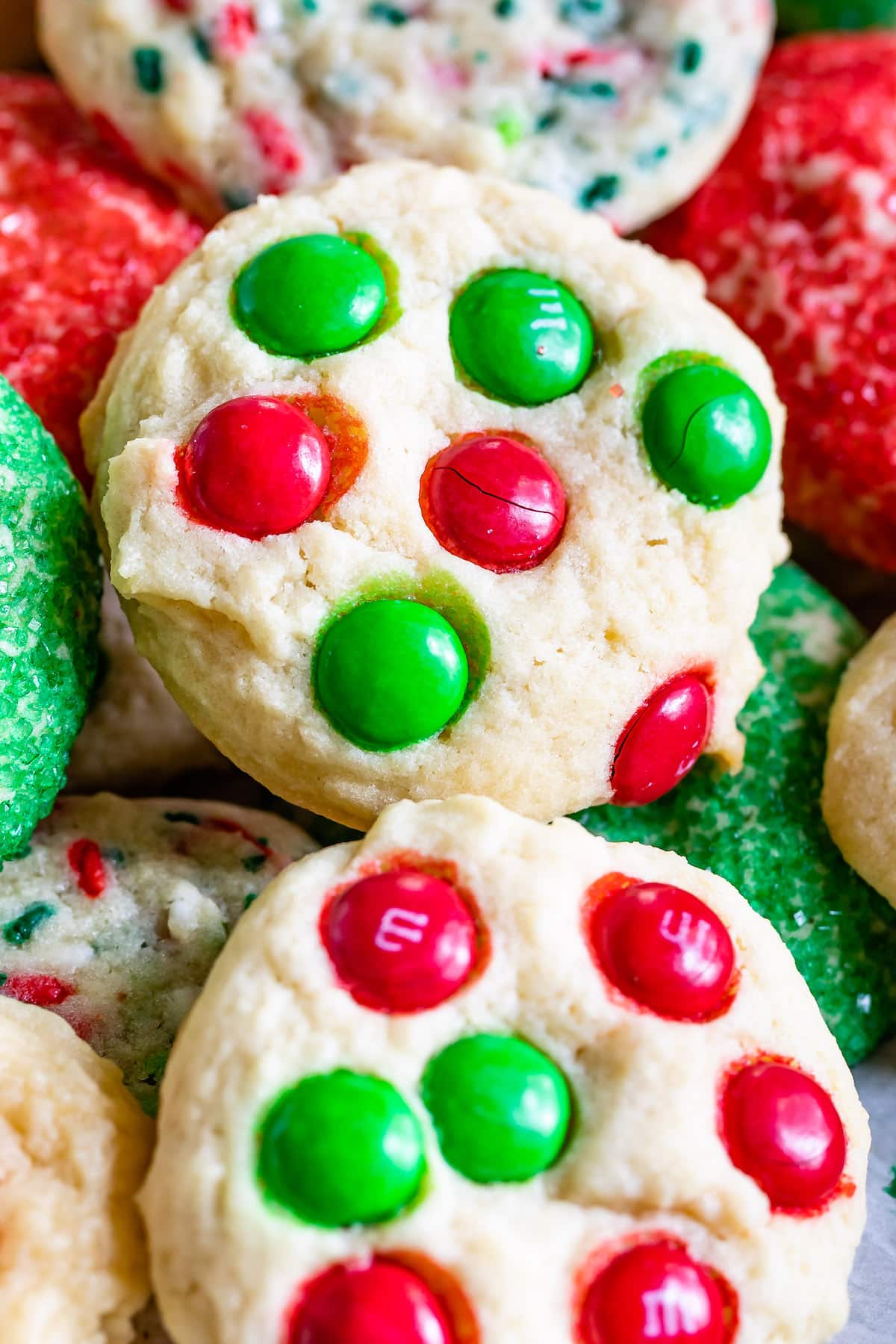 red and green m&ms baked into the sugar cookies