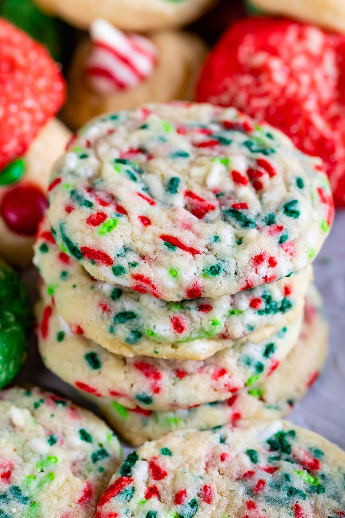 red and green sprinkles baked into sugar cookies