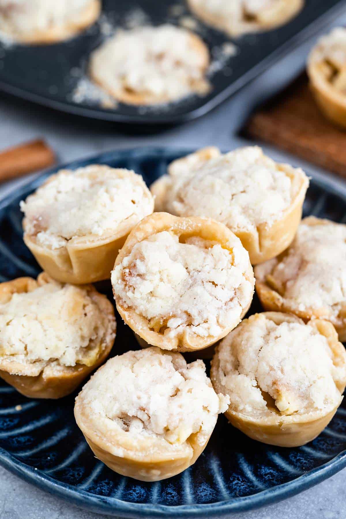 stack of mini pies on blue plate