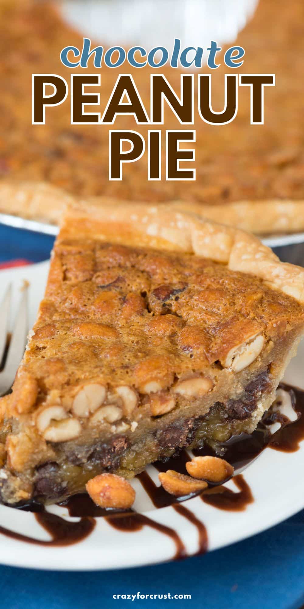 slice of pie on white plate with chocolate sauce underneath