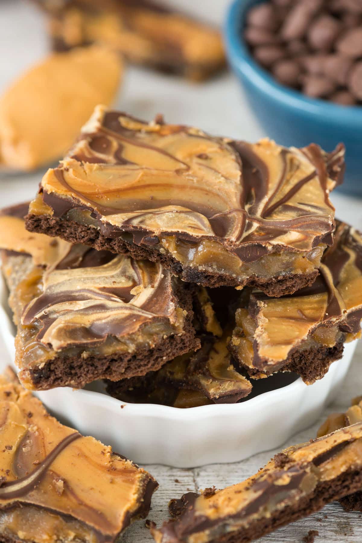 chocolate and peanut butter swirled bark in a white bowl