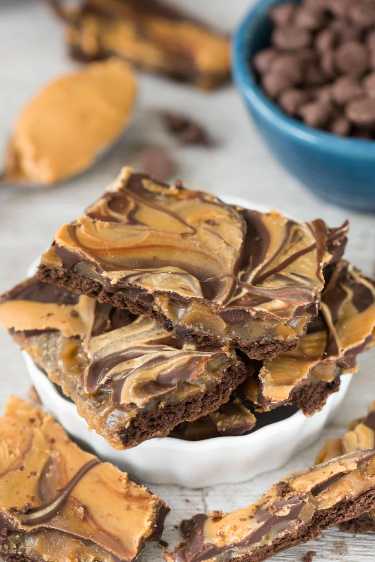 chocolate and peanut butter swirled bark in a white bowl