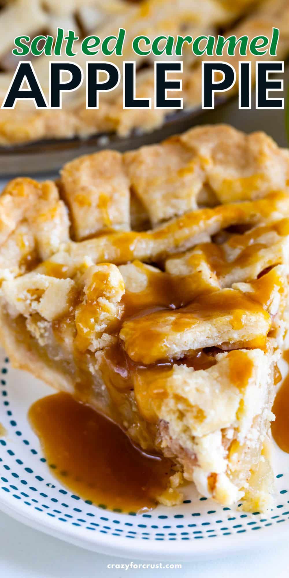 slice of apple pie with lattice top on white plate with blue stripes with caramel sauce and words on photo