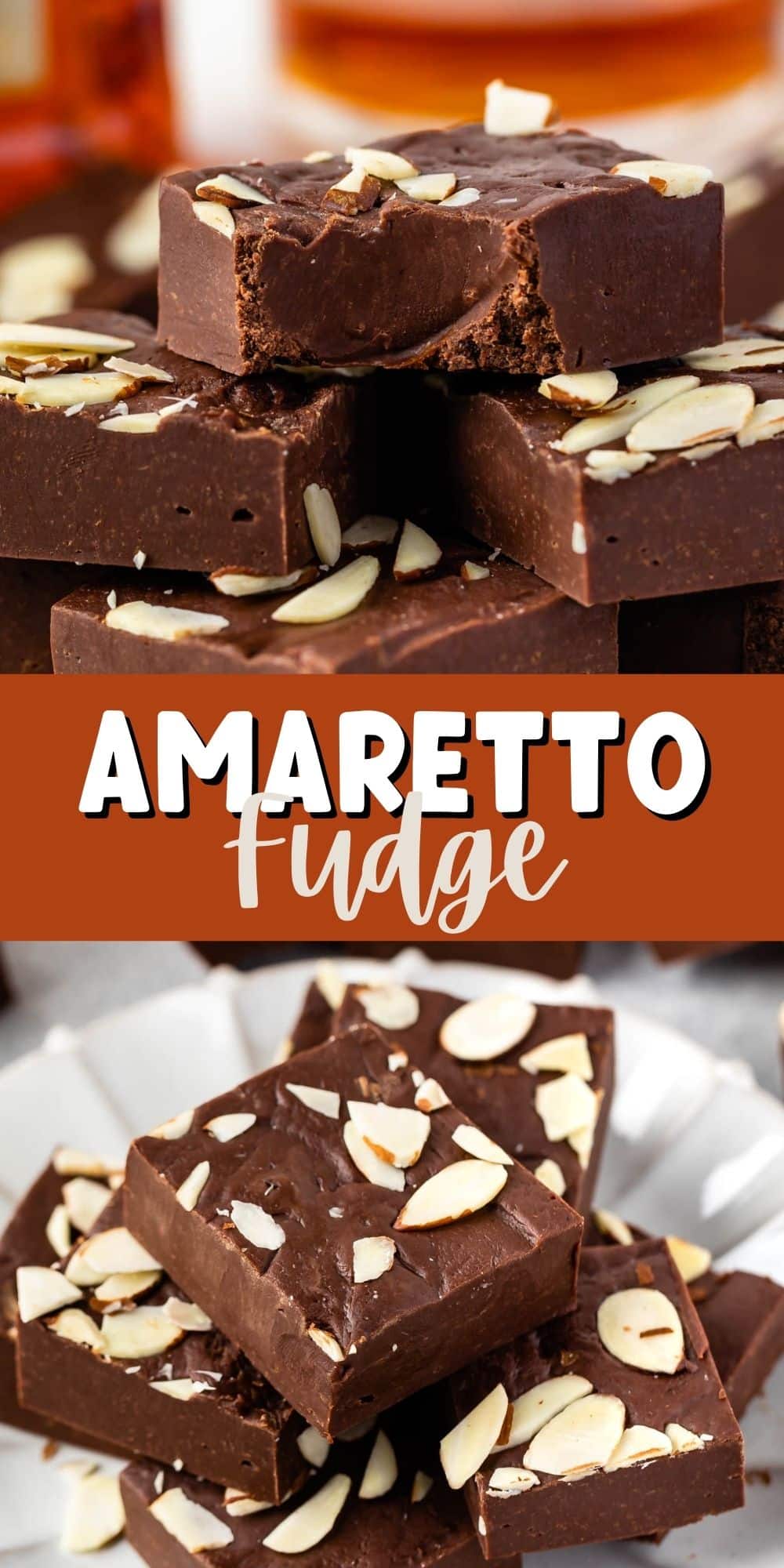 two photos of brown fudge with shaved almonds on top and words in the middle