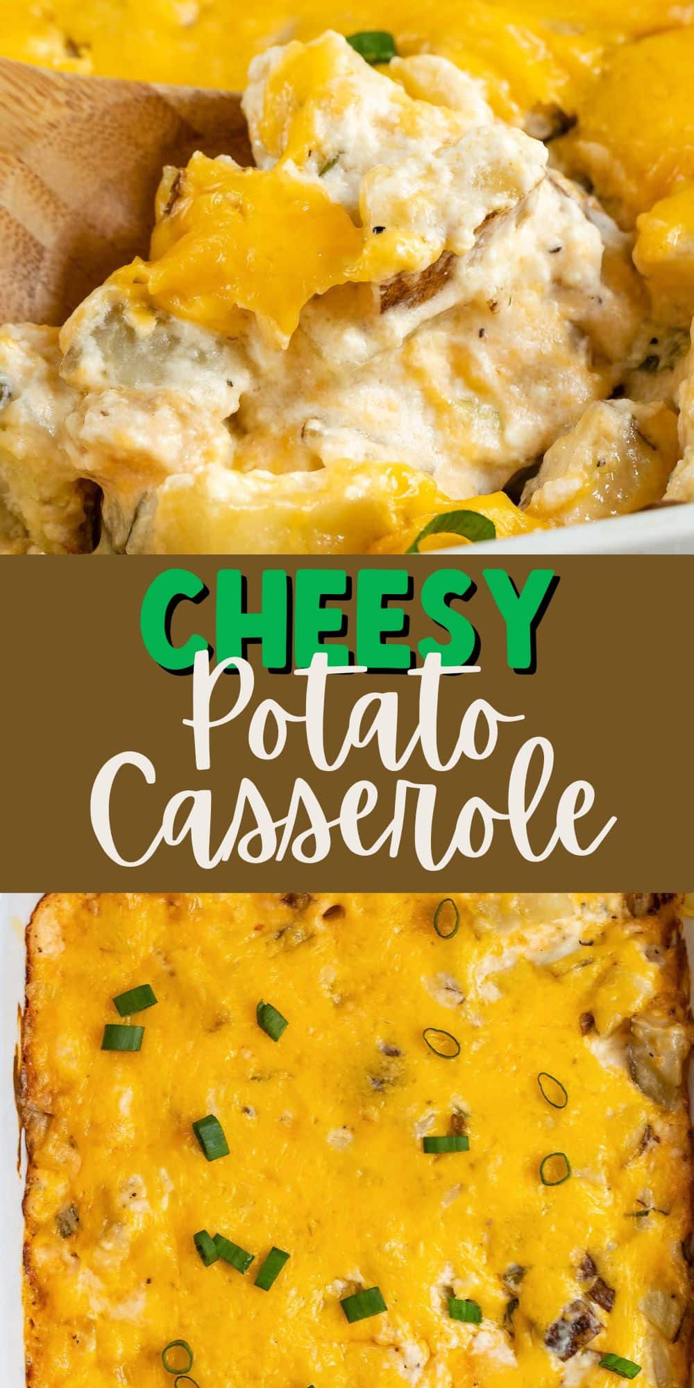 two photos of casserole layered with cheese in a white pan next to a wooden spoon