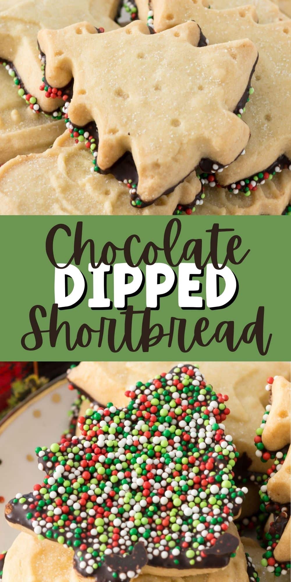two photos of shortbread cookie dipped in chocolate and covered in christmas sprinkles with words in the middle
